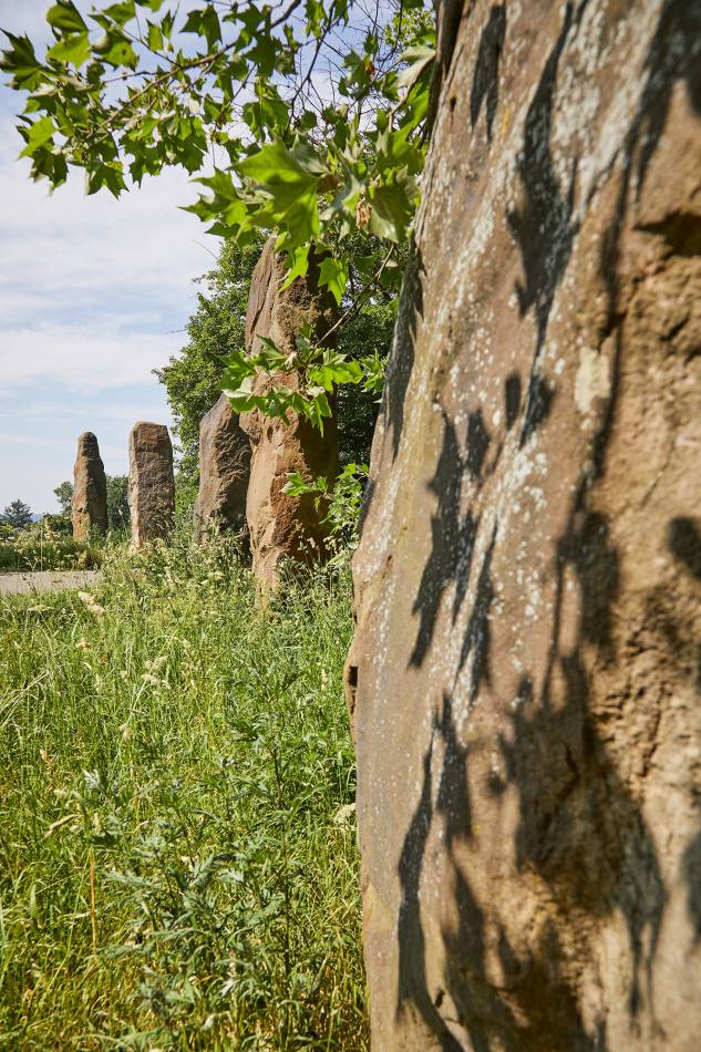 View from the side: 5 large sandstone blocks crossing the path. There are trees at the edge of the path.